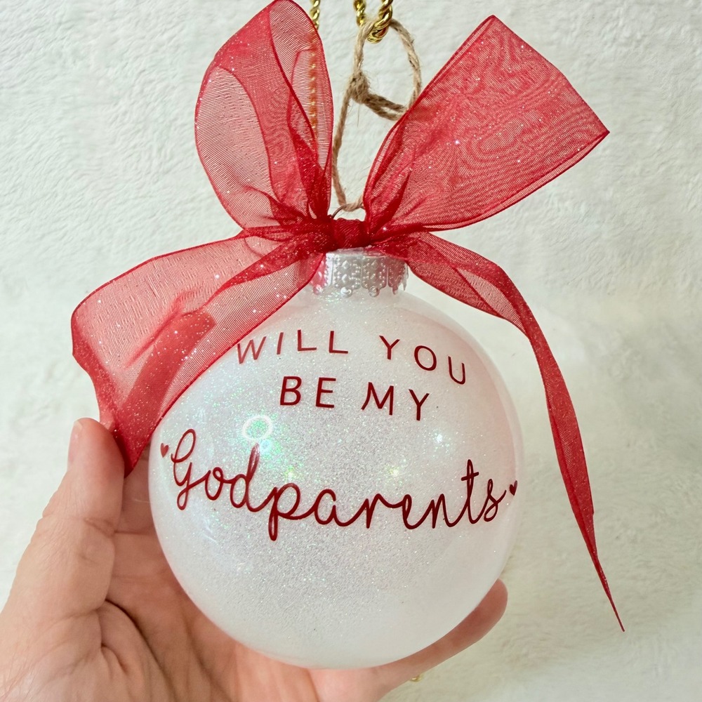 Unbranded Godparent Proposal Ornament Unisex 5in White Red Glitter Bow Festive